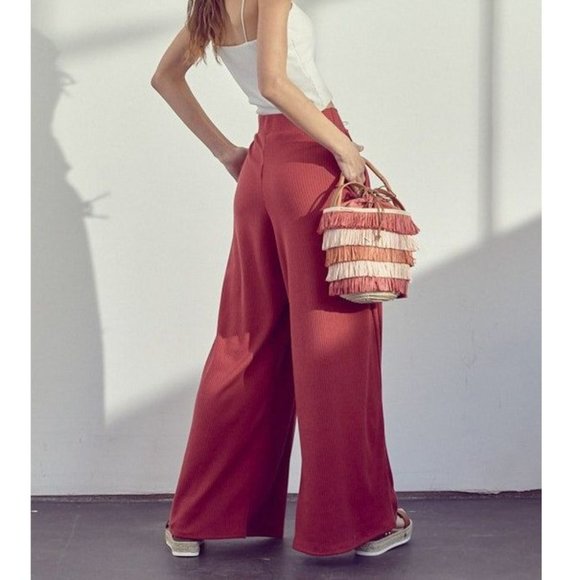 Terracotta Wide Leg Ribbed Pants - Picture 4 of 6